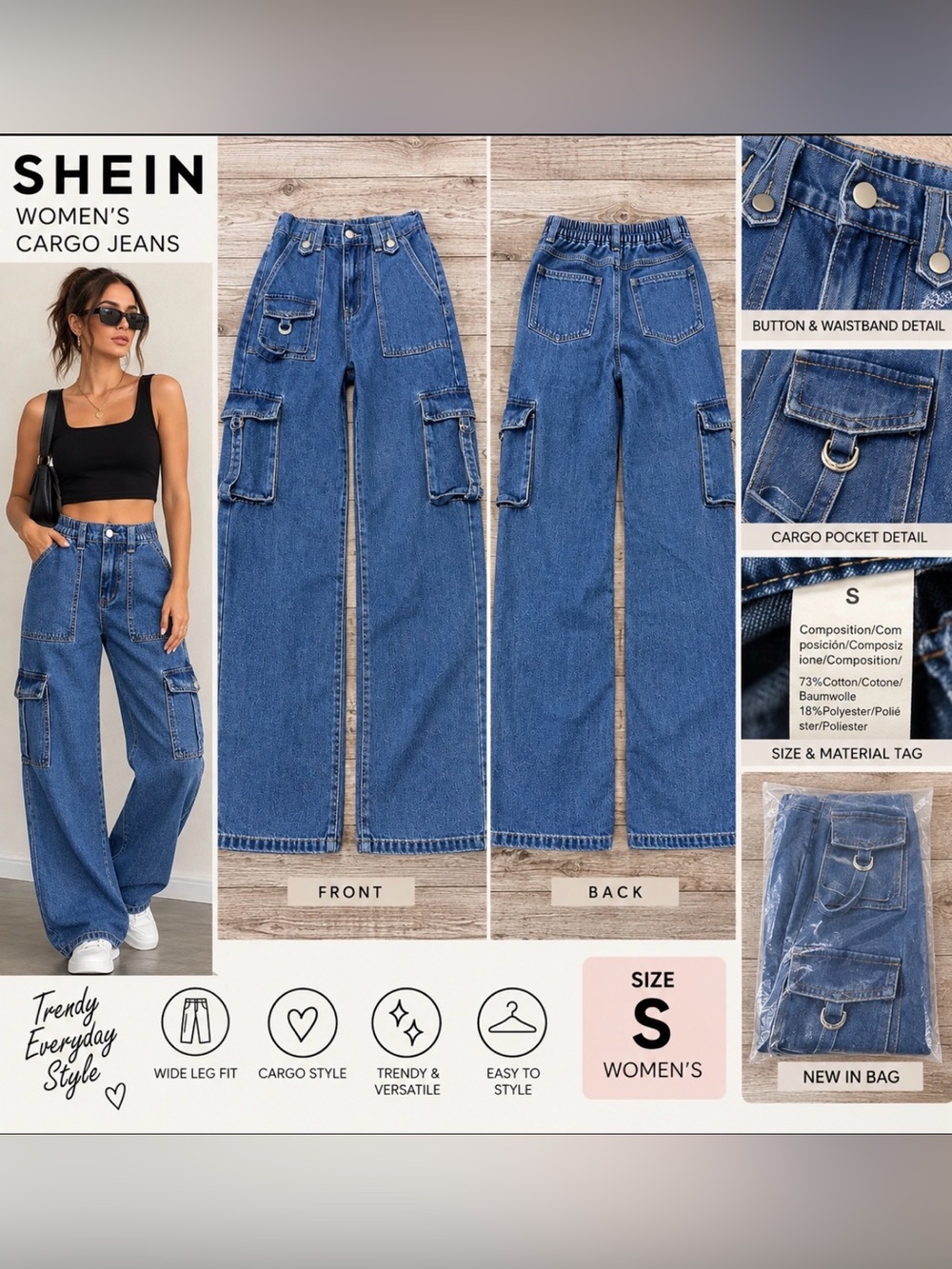 SHEIN Women’s Blue Cargo Jeans Size Small – New in Bag